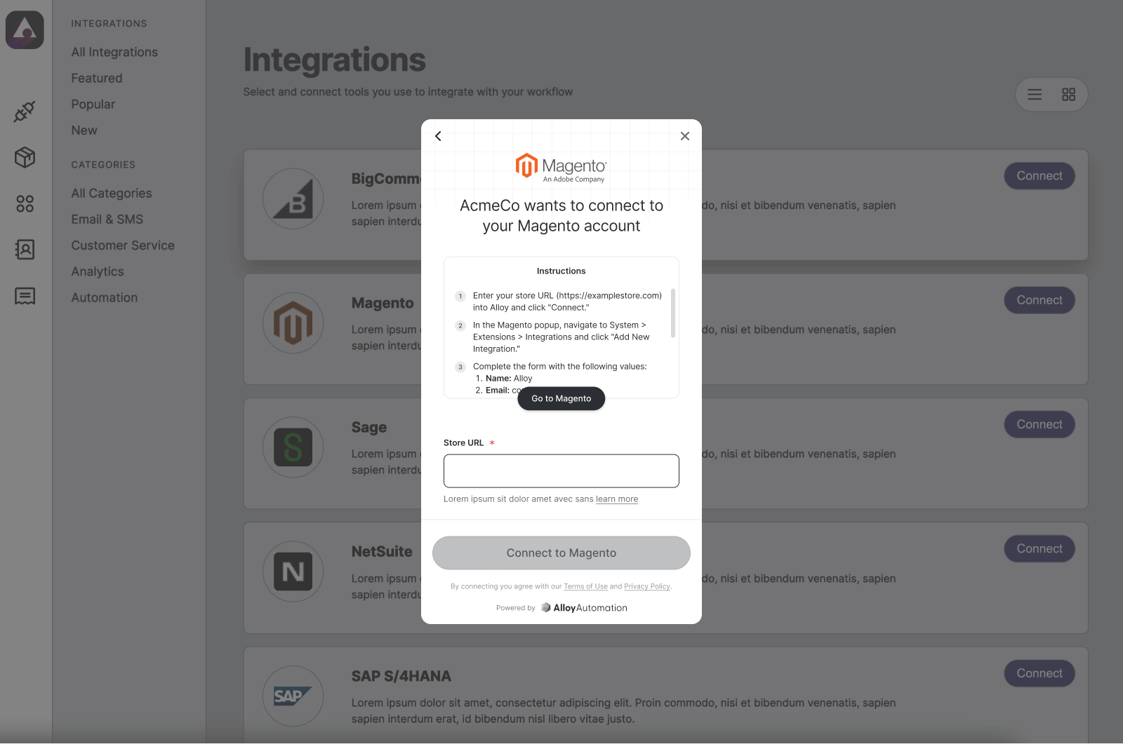 Your end-users authenticate integrations using the Alloy Modal.