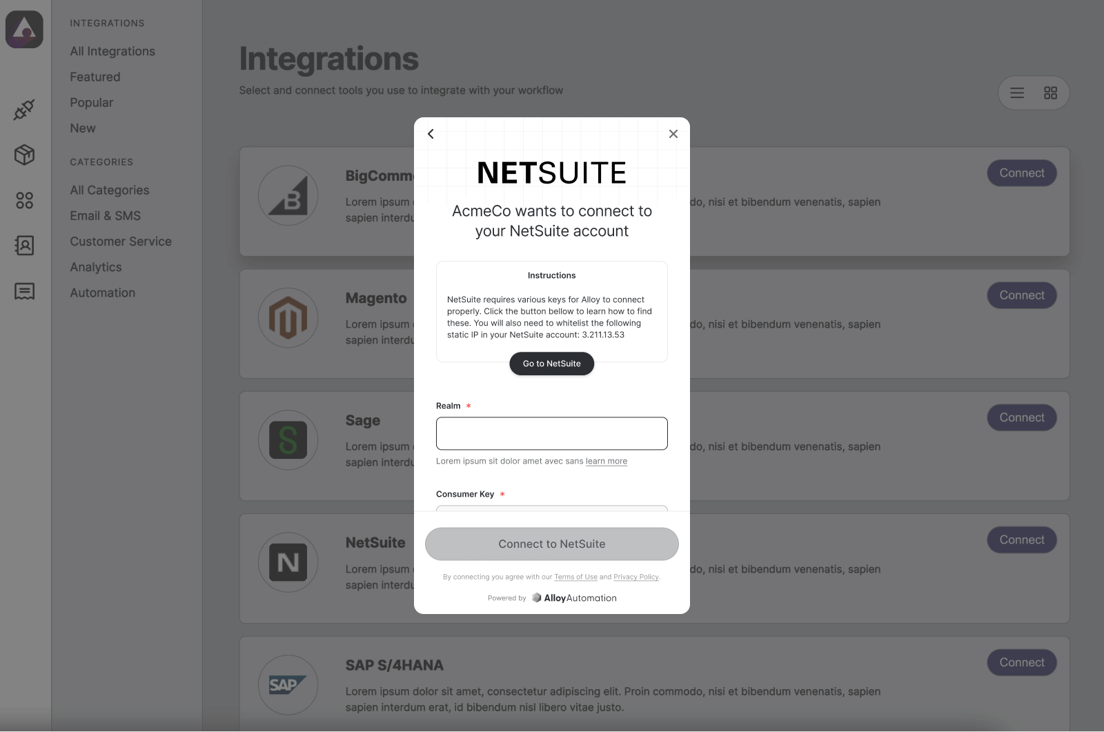 Your end-users authenticate integrations using the Alloy Modal.